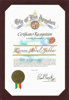 2017 City of Los Angeles Certificate of Recognition Presented To Kareem Abdul-Jabbar (Abdul-Jabbar LOA)